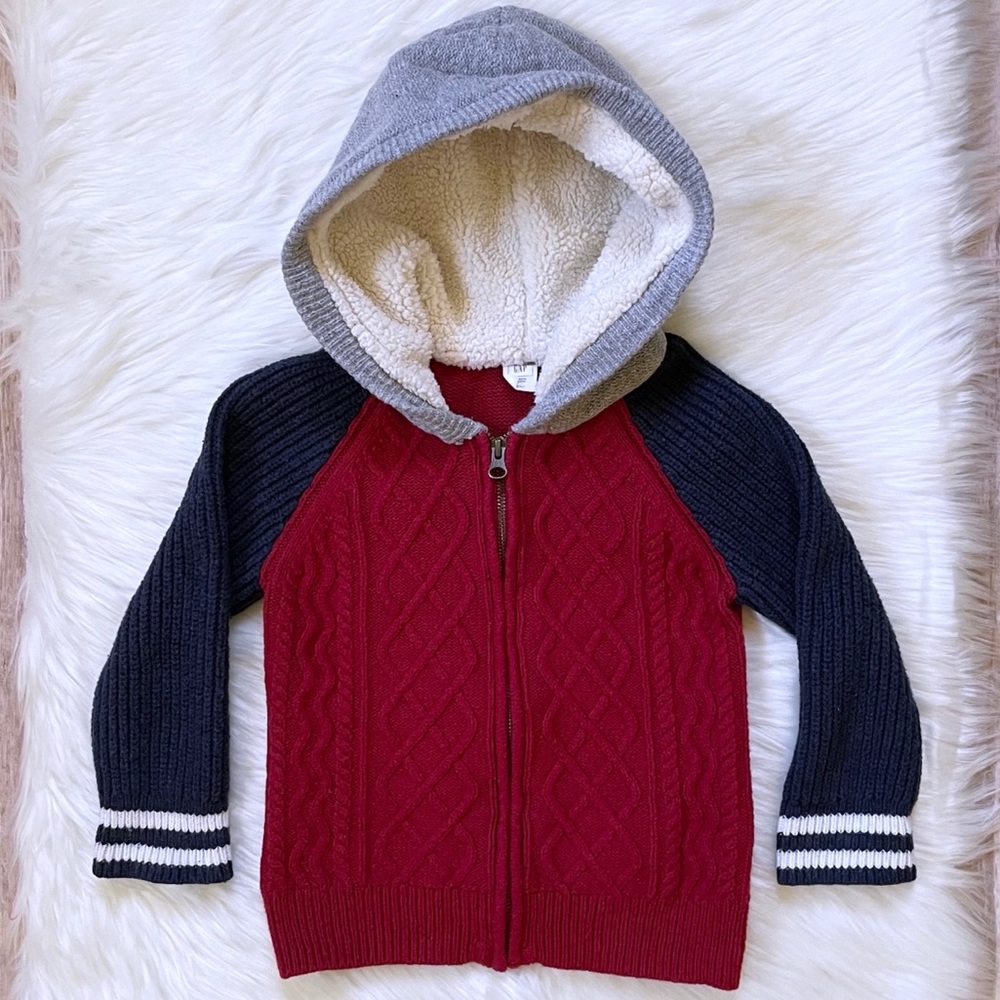 Baby GAP Red And Navy Hooded Knit Sweater Jacket
